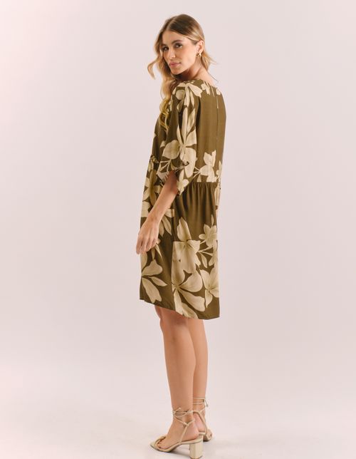 Vestido Curto Estampado Floral Pinceladas - Verde Oliva