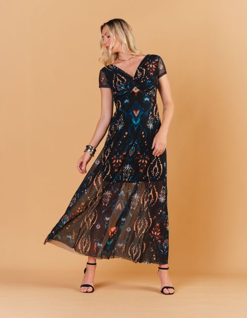 Vestido Longo Busto Nó Estampado Zafira - Preto