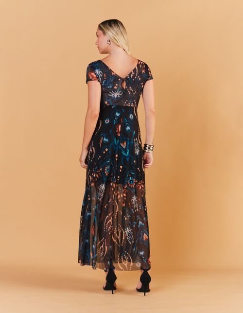 Vestido Longo Busto Nó Estampado Zafira - Preto