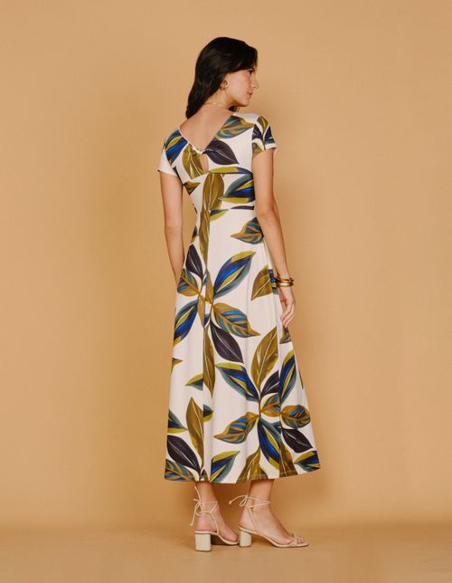 Vestido Longo Busto Nó Estampado Maranta - Areia