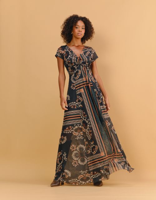 Vestido Longo Busto Nó Estampado Menara - Verde Garrafa
