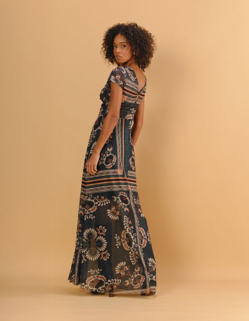 Vestido Longo Busto Nó Estampado Menara - Verde Garrafa