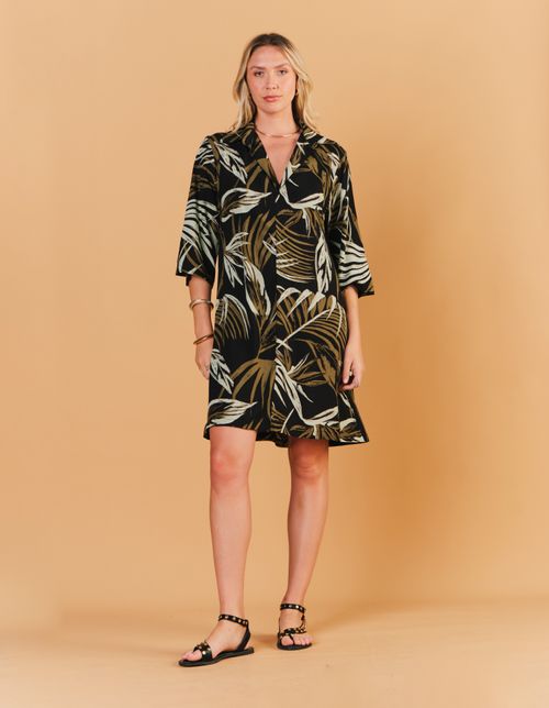Vestido Curto Estampado Folhagem Free - Preto