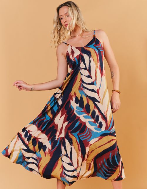 Vestido Longo Estampado Folhagem Malbec - Vinho