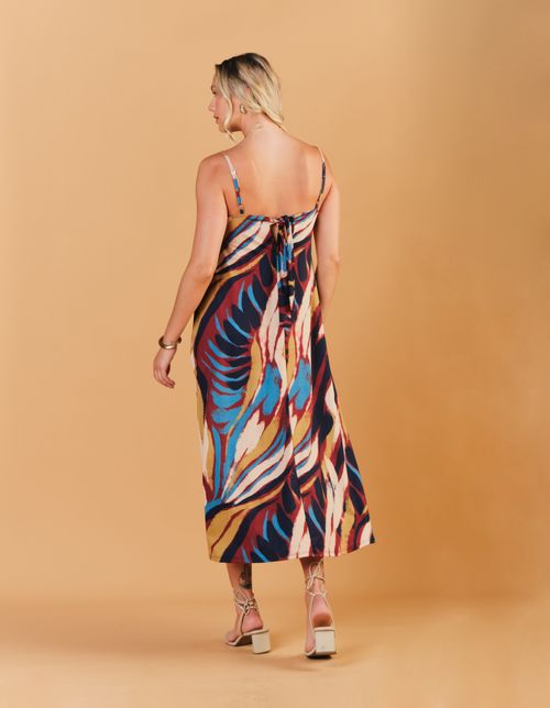Vestido Longo Estampado Folhagem Malbec - Vinho