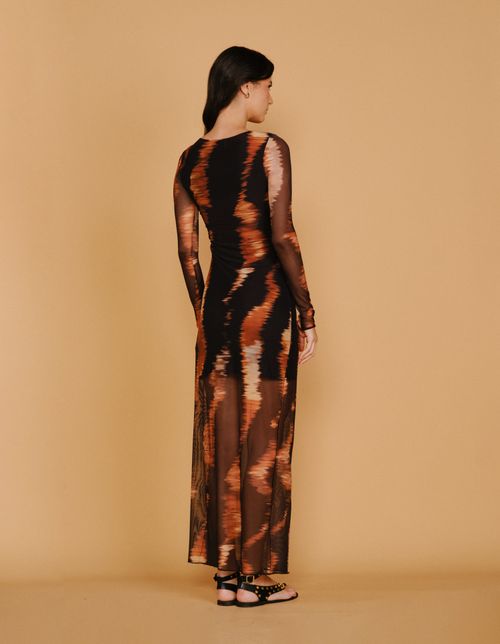 Vestido Longo Tule Estampado Tigre Blur - Preto
