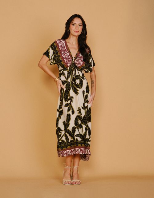 Vestido Midi Estampado Palm New - Areia