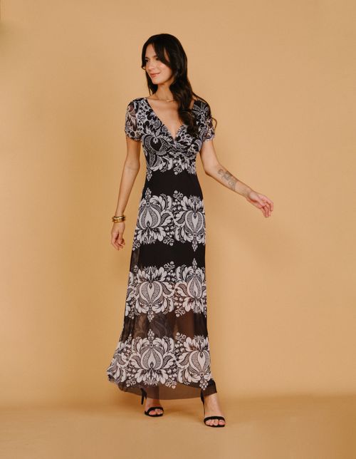Vestido Longo Busto Nó Estampado P&b - Preto