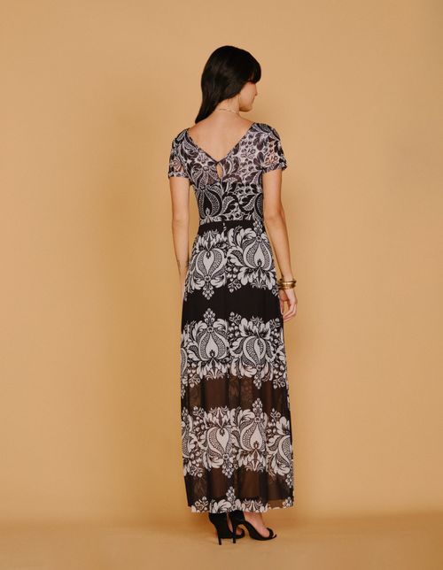 Vestido Longo Busto Nó Estampado P&b - Preto