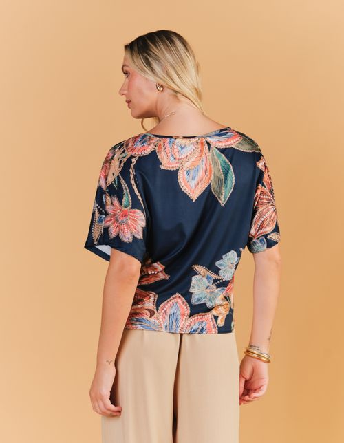 Blusa Estampada Floral Paetê - Azul Marinho