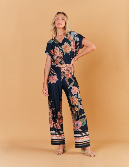 Macacão Estampado Floral Paetê - Azul Marinho