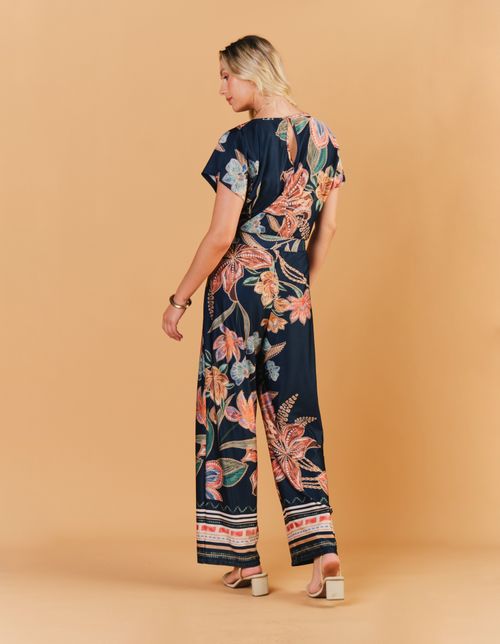 Macacão Estampado Floral Paetê - Azul Marinho