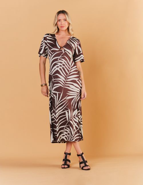 Vestido New Longo Estampado Folhagem Mia - Marrom