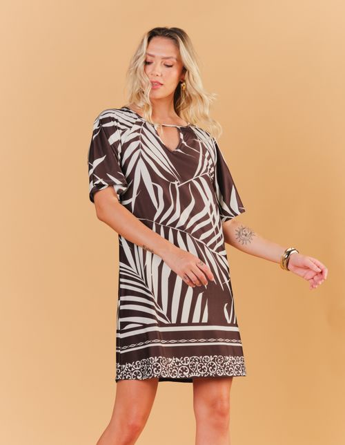 Vestido Curto Estampado Folhagem Mia - Marrom