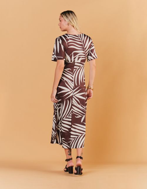 Vestido New Longo Estampado Folhagem Mia - Marrom
