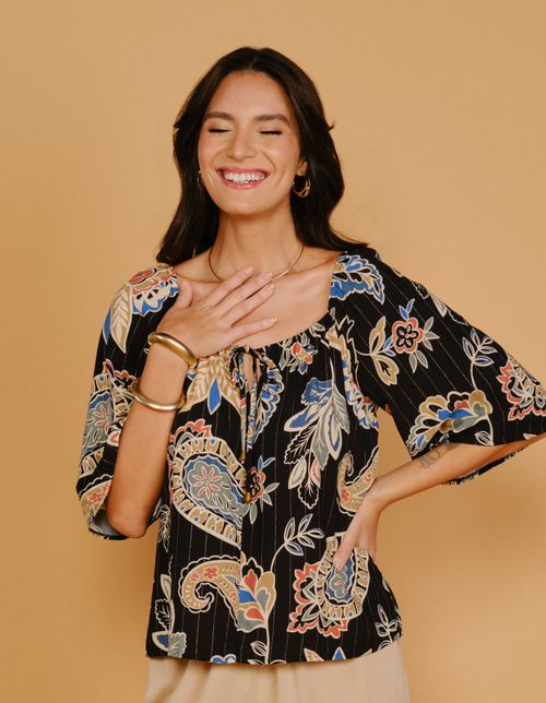 Blusa Estampada Fatima Lurex - Preto