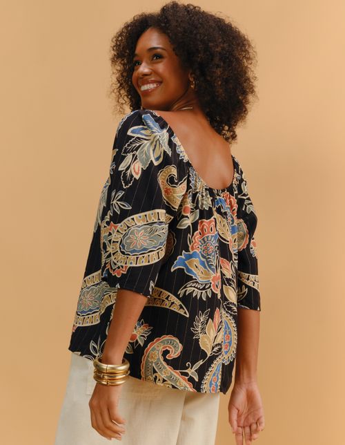 Blusa Estampada Fatima Lurex - Preto