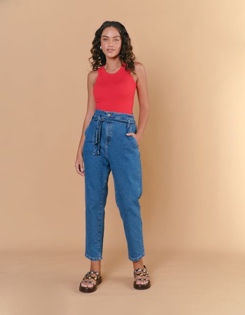 Calça Jeans Confort Clochard Com Cinto - Denim Medio