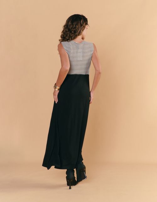 Vestido Stripe Decote Longo - Preto