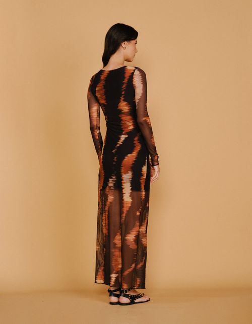 Vestido Longo Tule Estampado Tigre Blur - Preto