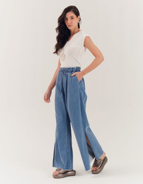 Calça Jeans Elástico Wide - Denim Claro