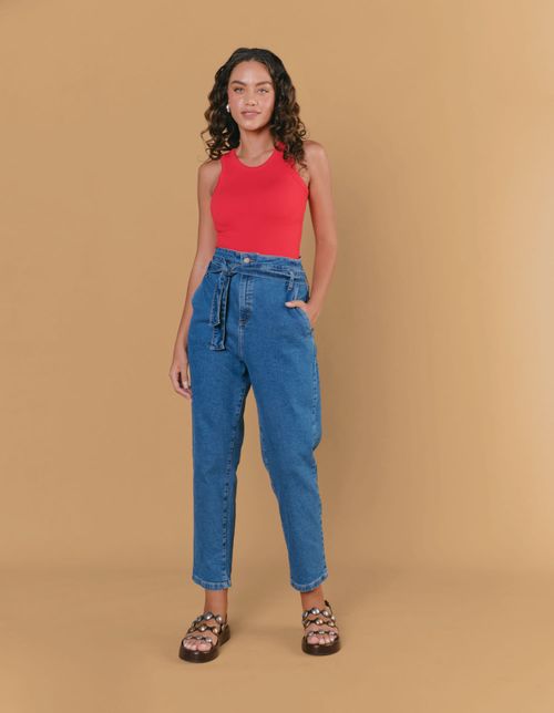 Calça Jeans Confort Clochard Com Cinto - Denim Medio