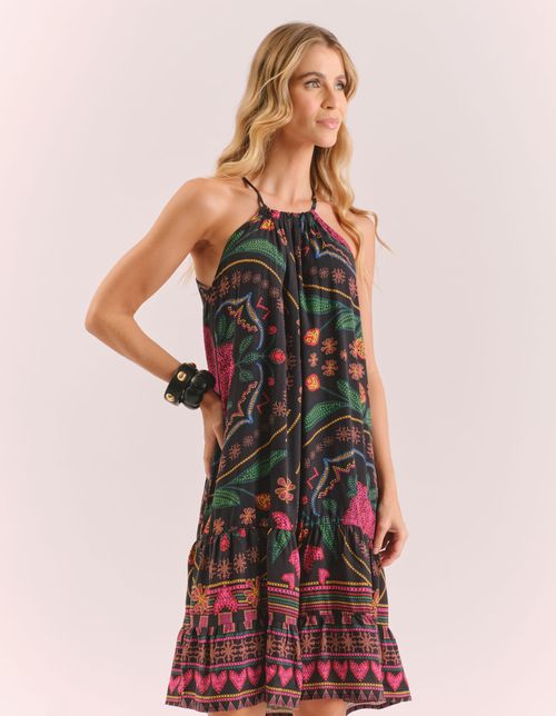 Vestido Curto Estampado Bordado Flower - Preto