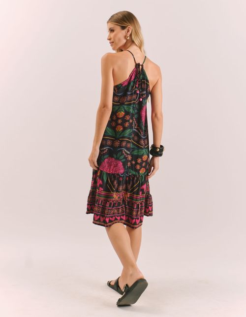 Vestido Curto Estampado Bordado Flower - Preto