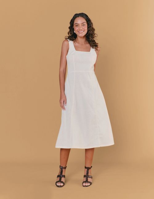 Vestido Midi Pesponto Linho - Areia