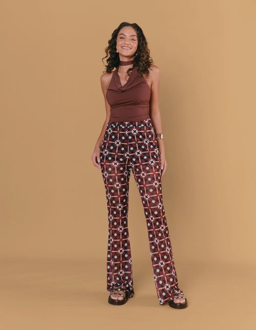 Calça Flare Tule Estampado Vintage Bug - Vinho