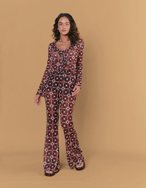 Blusa Babados Tule Estampado Vintage Bug - Vinho