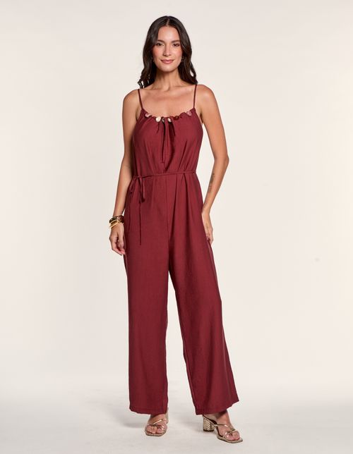 Macacão Decote Franzido Detalhe Resina - Vinho