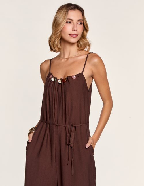 Macacão Decote Franzido Detalhe Resina - Marrom