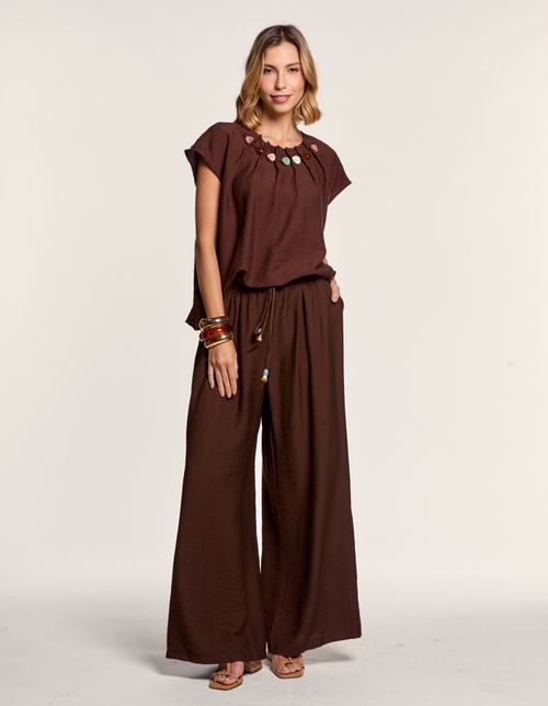 Calça Reta Com Cós Elástico - Marrom