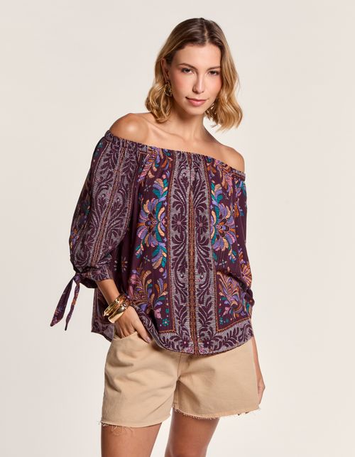 Blusa Ombro a Ombro Estamp Lenço Lurex - Uva