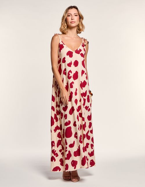 Vestido New Longo Estampado Lurex Onça - Areia / Vinho