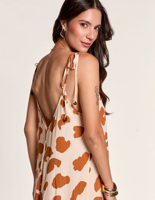 Vestido New Longo Estampado Lurex Onça - Areia / Camel