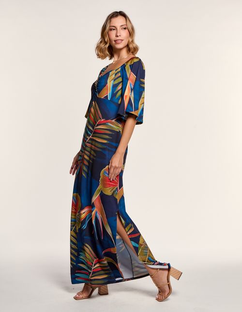 Vestido Longo Estampado Jardim Majorelle - Azul Marinho