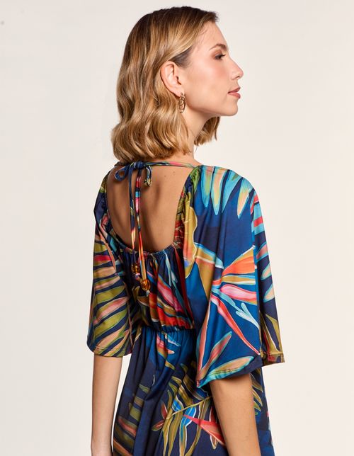 Vestido Longo Estampado Jardim Majorelle - Azul Marinho