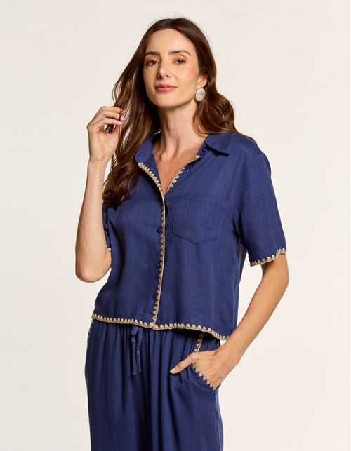 Camisa Detalhe Bordado Com Bolsos - Azul Marinho