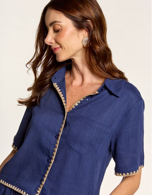 Camisa Detalhe Bordado Com Bolsos - Azul Marinho
