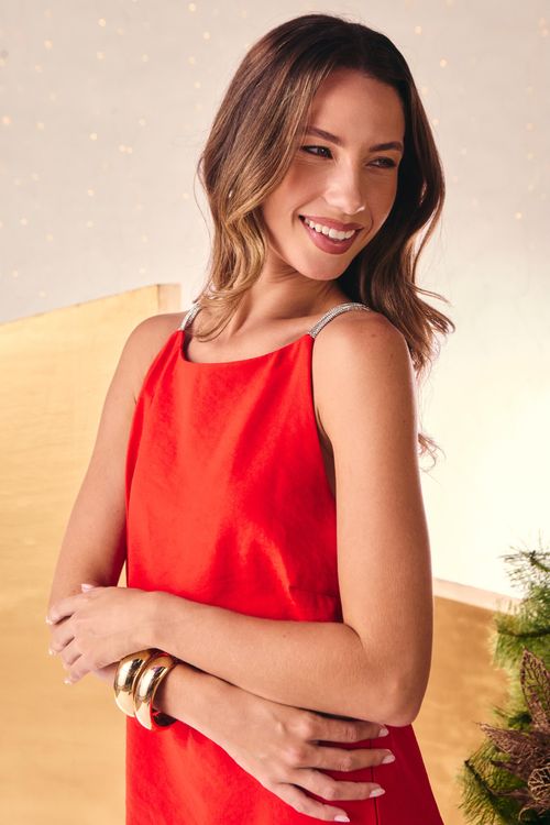 Vestido Curto Detalhe Alças Brilhos - Vermelho