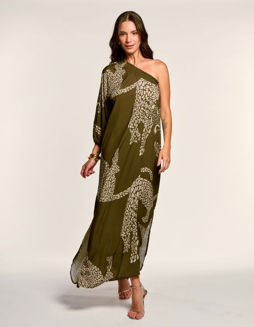 Vestido Ombro Só Estampado New Maxi Onça - Verde Oliva
