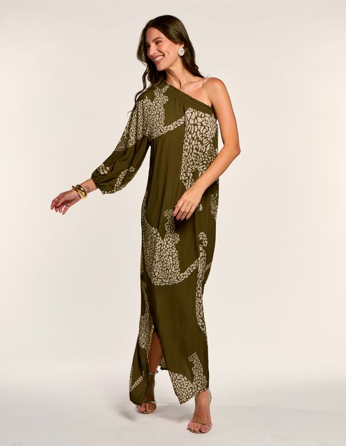 Vestido Ombro Só Estampado New Maxi Onça - Verde Oliva