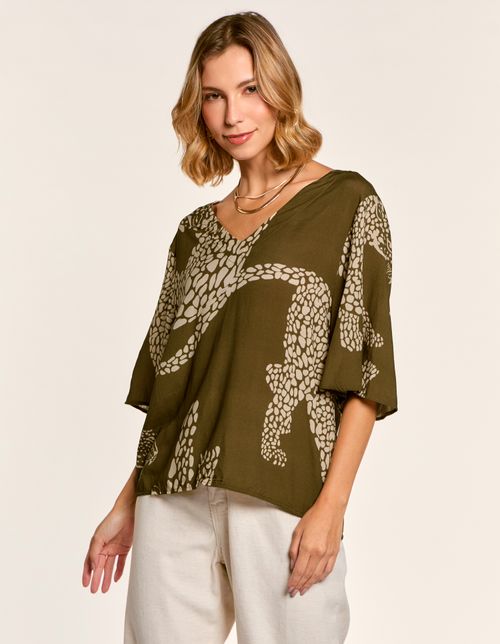 Blusa Estampada New Maxi Onça - Verde Oliva