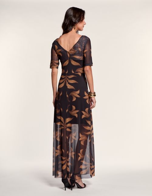 Vestido Longo Busto Nó Estampado Imperial - Preto