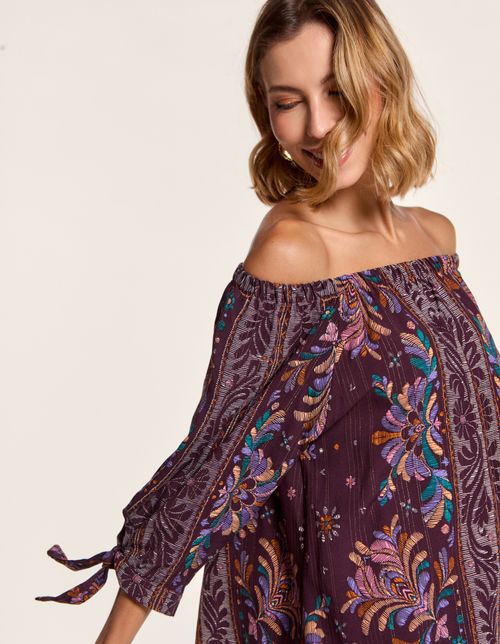Blusa Ombro a Ombro Estamp Lenço Lurex - Uva