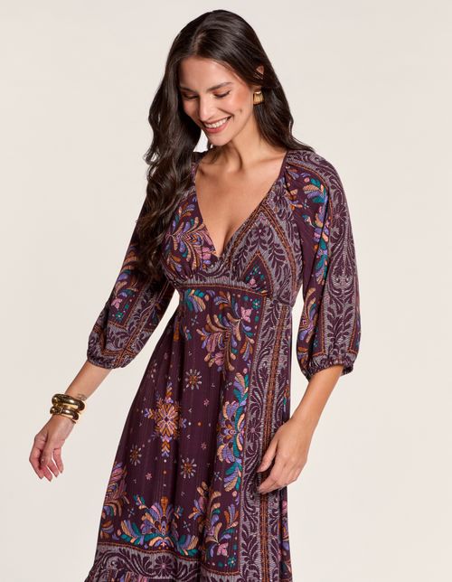 Vestido New Longo Estampado Lenço Lurex - Uva