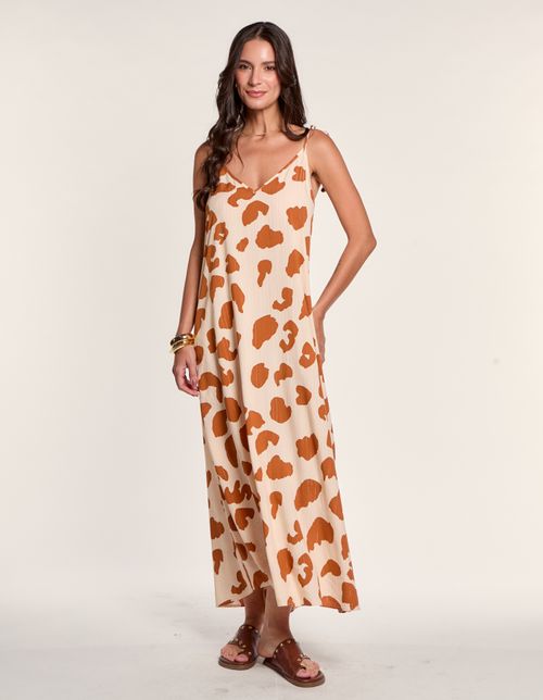 Vestido New Longo Estampado Lurex Onça - Areia / Camel