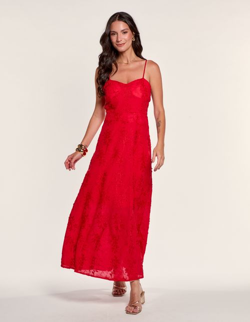 Vestido Midi Detalhes Bordados - Vermelho